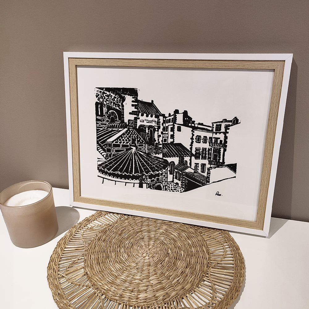 Linogravure "Notre-Dame-du-Port, Clermont-Ferrand"