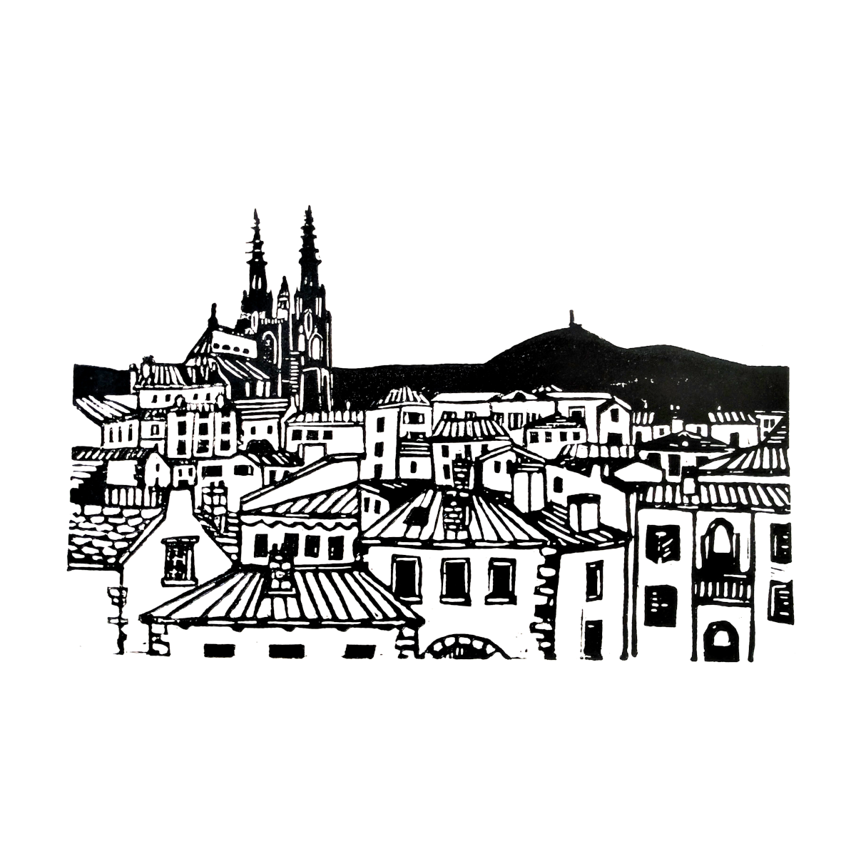 Représentation d'une vue de Clermont-Ferrand réalisée en linogravure et imprimée à l'encre sur papier.
